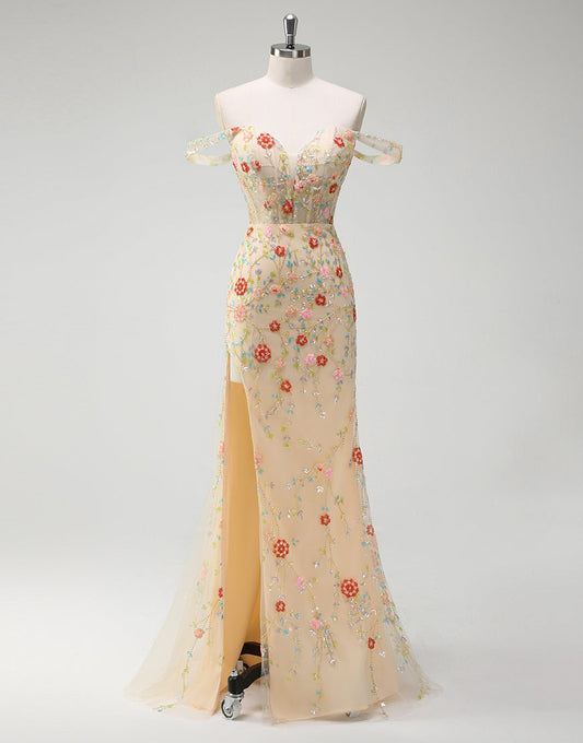 Robe de bal sirène champagne à décolleté en cœur avec appliques en sequins fendus