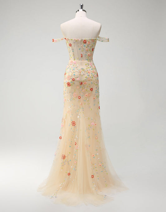 Robe de bal sirène champagne à décolleté en cœur avec appliques en sequins fendus