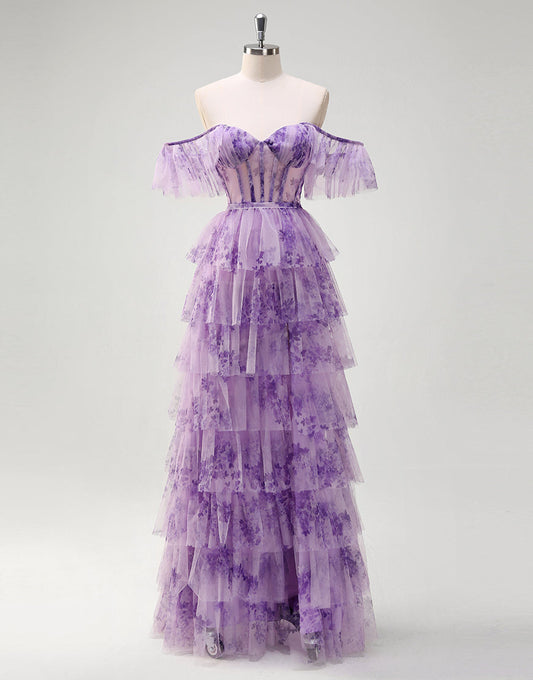 Robe de bal longue en tulle imprimé lilas à épaules dénudées et à volants de princesse