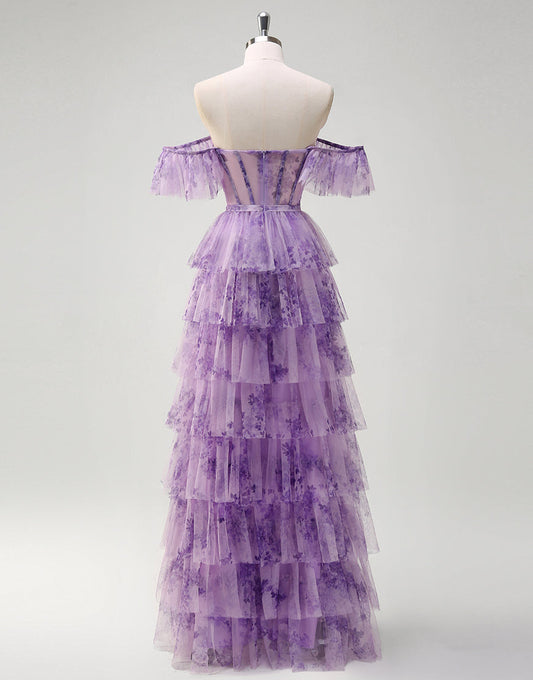 Robe de bal longue en tulle imprimé lilas à épaules dénudées et à volants de princesse