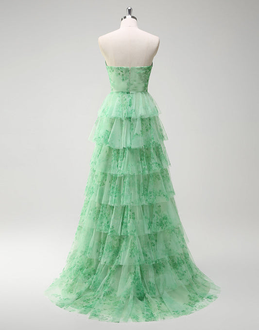 Robe de bal longue à volants en tulle à imprimé floral vert, coupe trapèze, décolleté en cœur