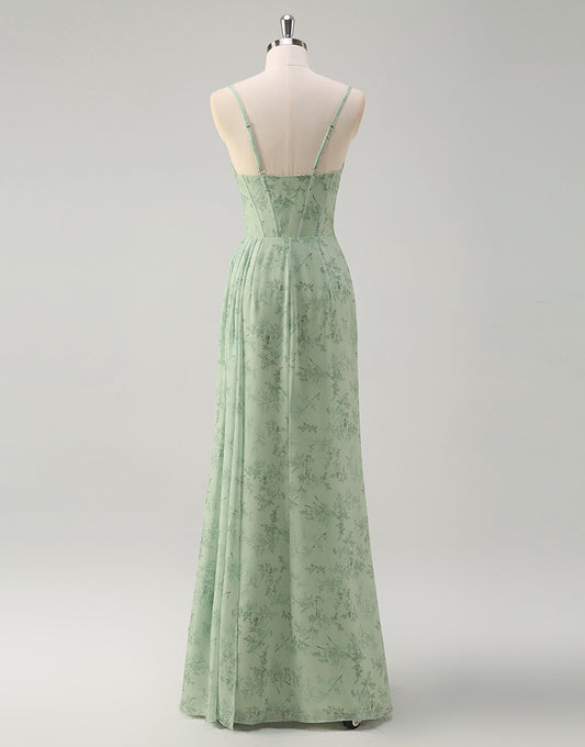 Robe de bal en tulle imprimé spaghetti Dusty Sage en forme de A