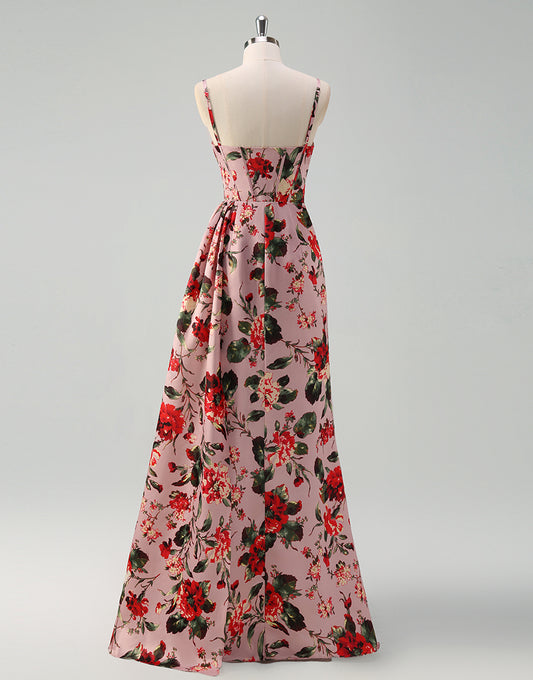 Robe de bal en A rose rouge imprimée de fleurs spaghetti avec fente