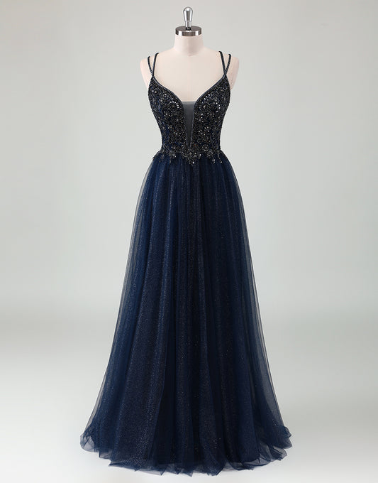 Robe de bal en tulle avec paillettes en V-neck et col spaghetti en ligne A marine