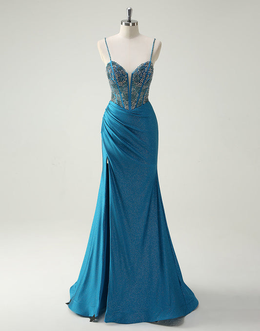 Robe de bal sirène à fines bretelles et perles avec traîne