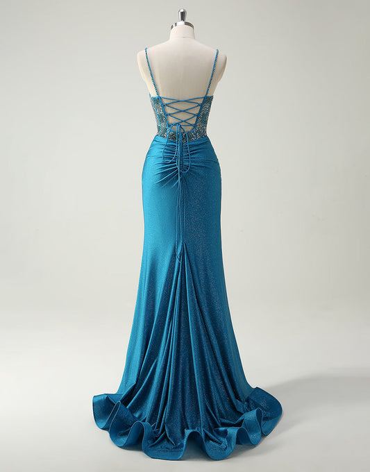 Robe de bal sirène à fines bretelles et perles avec traîne