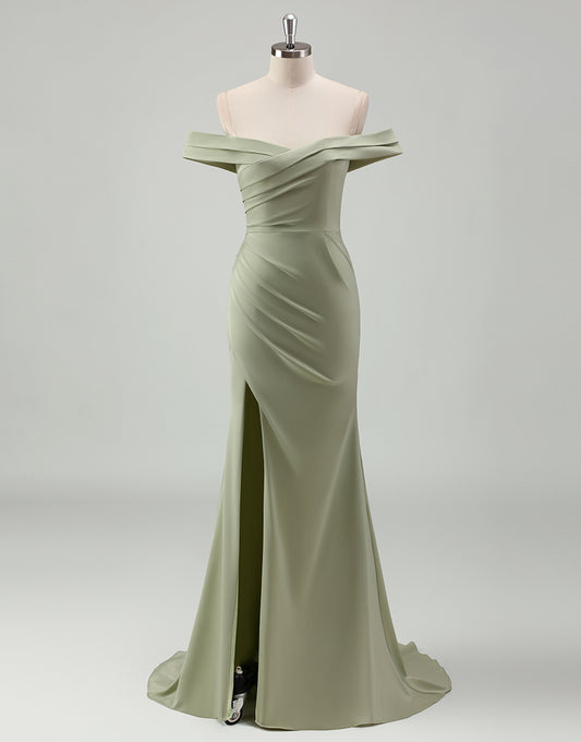 Robe de bal longue avec traîne, fente et décolleté épaulé pour la sirène sage