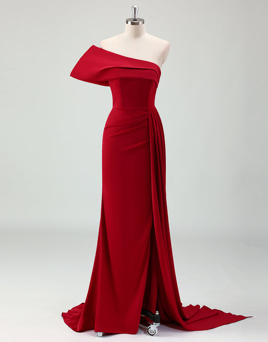 Robe de bal enveloppante burgundy à une épaule fendue