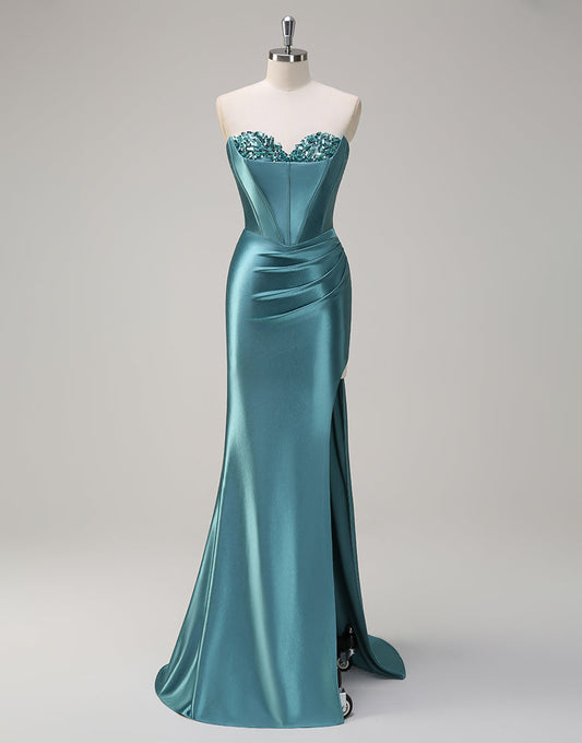 Robe de bal sirène grise verte avec décolleté en cœur et fente