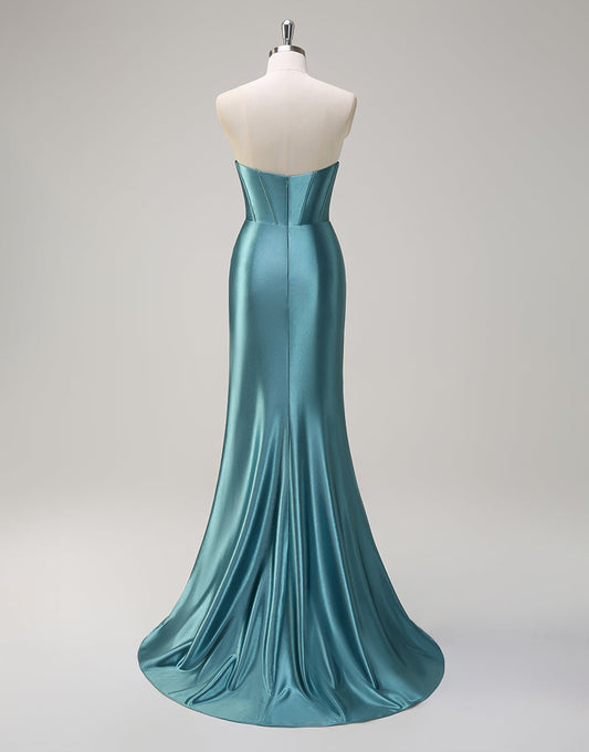 Robe de bal sirène grise verte avec décolleté en cœur et fente
