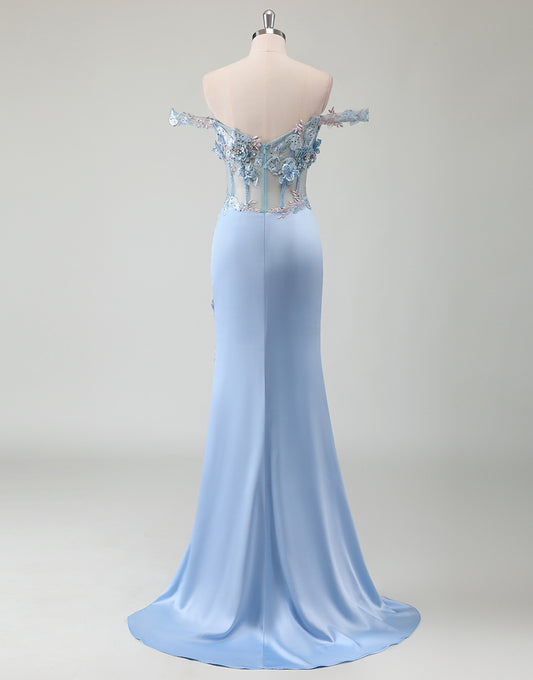 Robe de bal bleu ciel sirène épaulée nue avec fleur 3D et fente