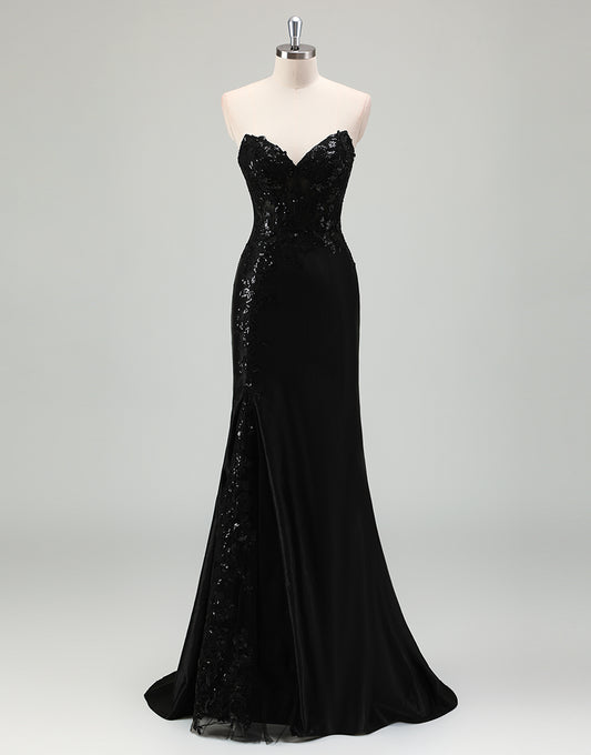 Robe de bal fendue avec application de paillettes Black Mermaid Sweetheart