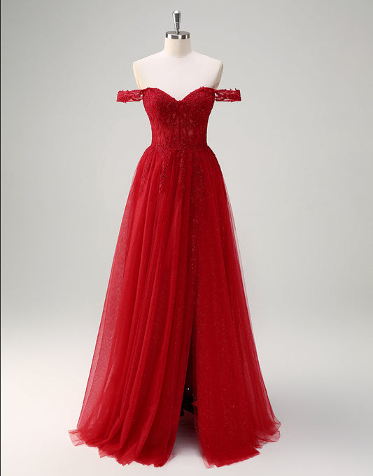 Robe de bal trapèze sans bretelles en tulle avec appliques en dentelle et fente