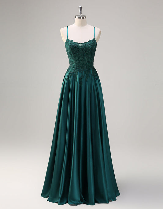 Robe de bal à fines bretelles avec appliques en dentelle vert foncé