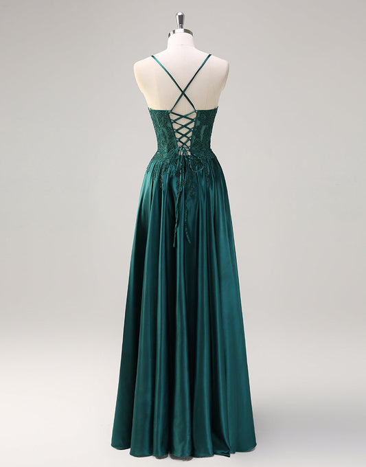 Robe de bal à fines bretelles avec appliques en dentelle vert foncé