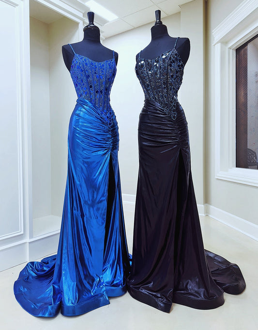 Robe de bal longue sirène à bretelles spaghetti scintillantes avec perles