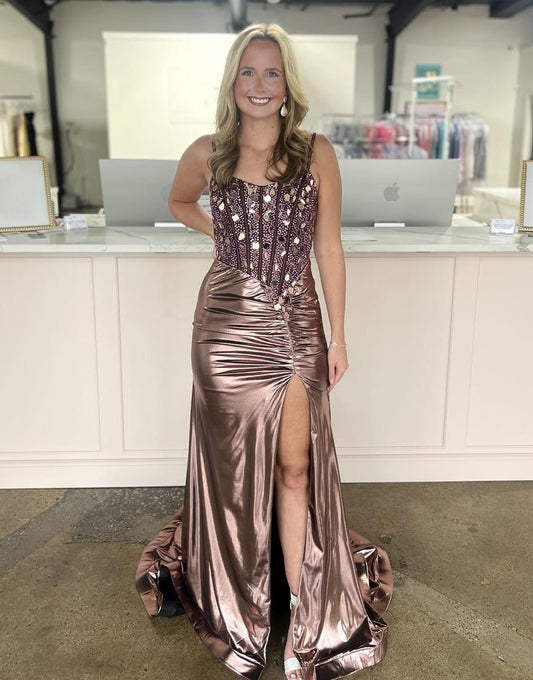 Robe de bal longue sirène à bretelles spaghetti scintillantes avec perles