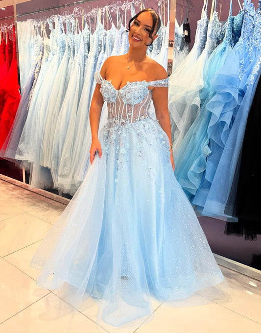 Robe de bal longue en tulle bleu ciel à épaules dénudées et à appliques