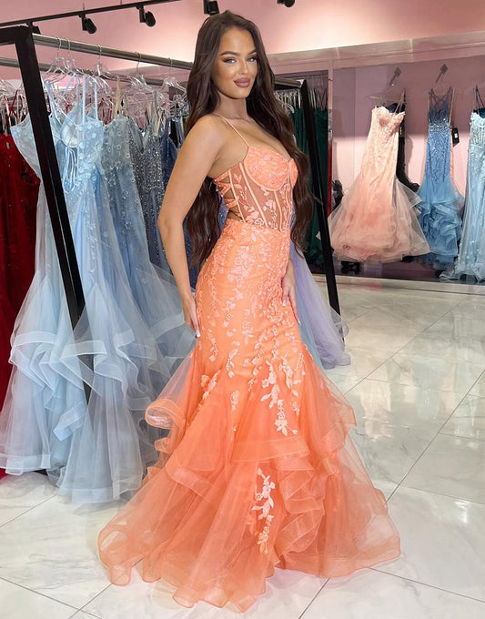 Robe de bal longue sirène à volants en tulle spaghetti orange avec appliques
