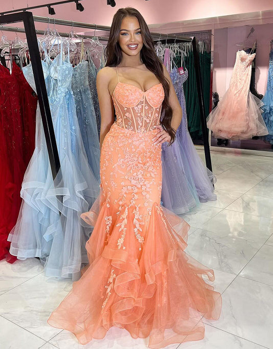 Robe de bal longue sirène à volants en tulle spaghetti orange avec appliques