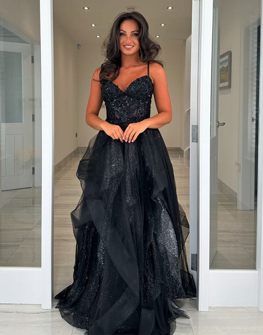 Robe de bal longue noire scintillante à bretelles spaghetti et paillettes en forme de A