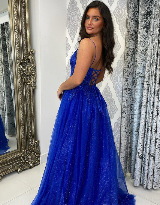 Robe de bal trapèze à bretelles spaghetti bleu royal en tulle et paillettes