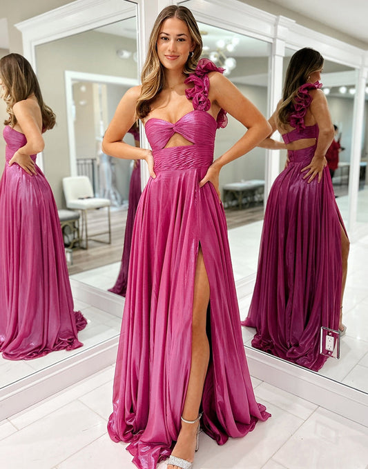 Robe de bal longue fuchsia asymétrique métallisée coupe A avec fente