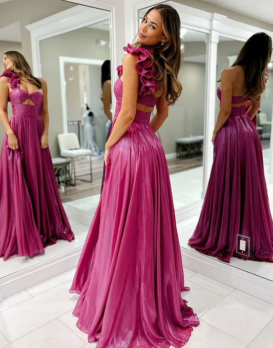 Robe de bal longue fuchsia asymétrique métallisée coupe A avec fente