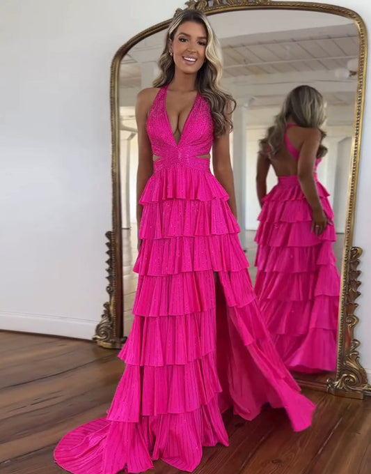 Robe de bal longue fuchsia à col licou et fente
