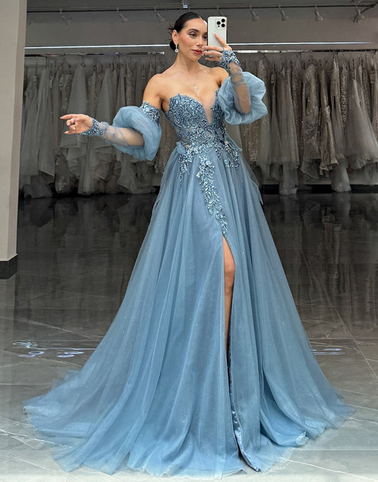 Robe de bal longue en tulle à décolleté en cœur gris bleu scintillant avec appliques