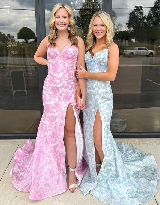 Robe de bal sirène longue rose à appliques et spaghetti avec corset et fente