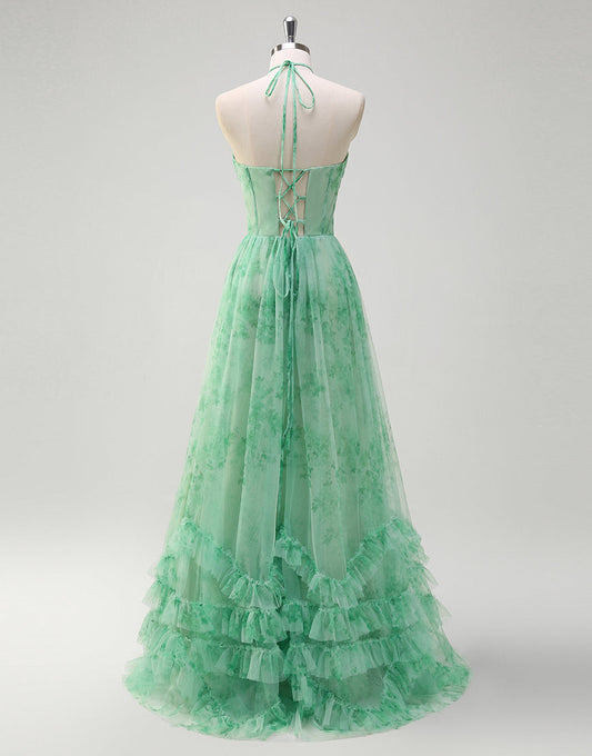 Robe de bal longue à volants et imprimé floral vert avec col licou et fente