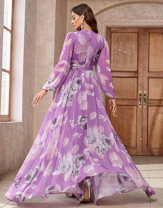 Robe de bal violette à imprimé floral, coupe A, col en V, manches longues, avec ceinture