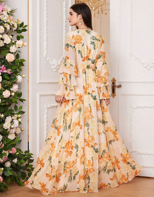 Robe de bal jaune à volants, coupe trapèze, col en V, manches longues, imprimée, avec ceinture