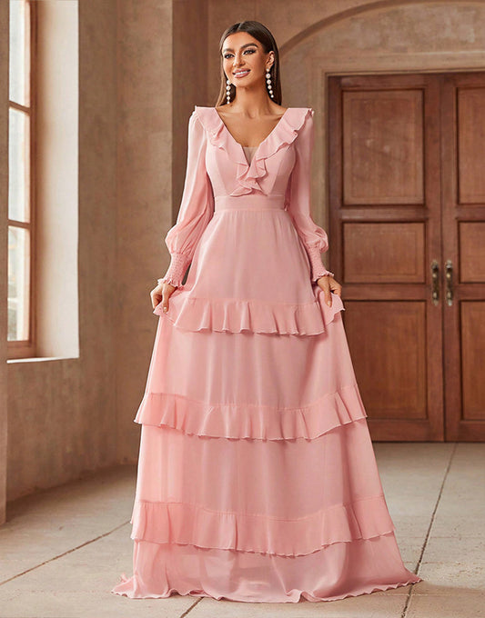Robe de bal rose coupe A-line à col en V et volants en cascade avec traîne