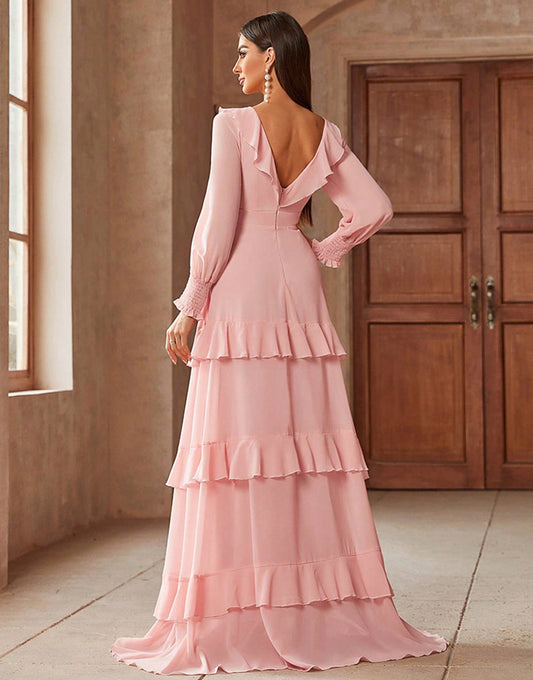 Robe de bal rose coupe A-line à col en V et volants en cascade avec traîne