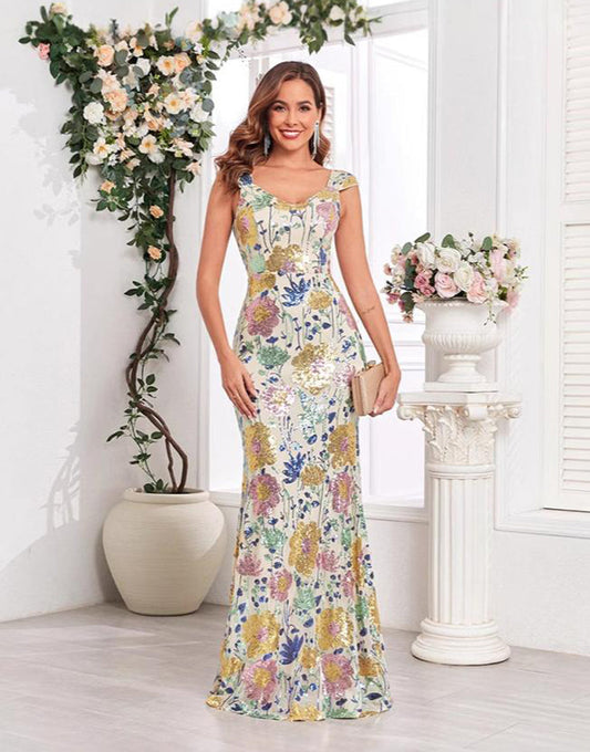 Robe de bal sirène dorée à col en V et imprimé fleuri avec longueur au sol