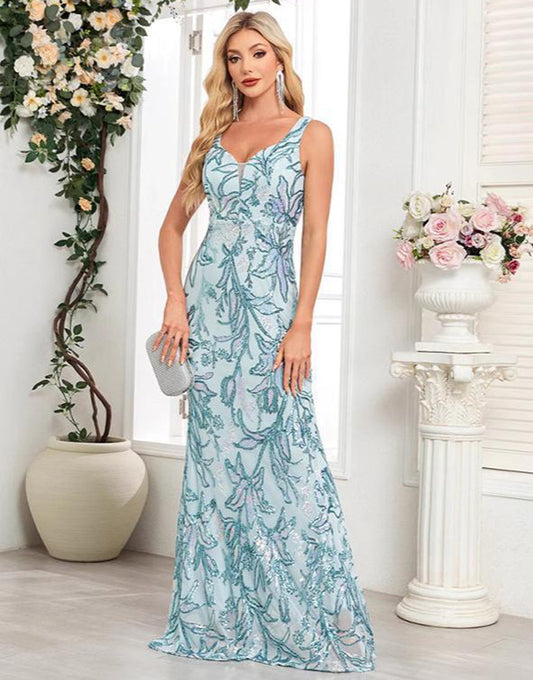 Robe de bal sirène bleue à col en V et paillettes appliquées avec longueur au sol