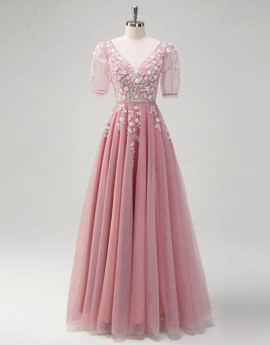 Robe de bal longue en dentelle à col en V et coupe A-Line Blush