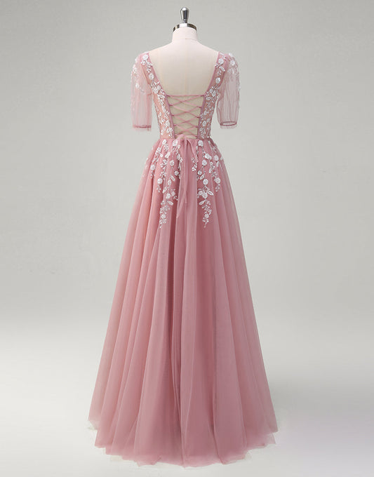 Robe de bal longue en dentelle à col en V et coupe A-Line Blush