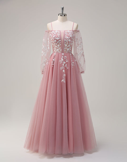 Robe de bal trapèze en tulle à manches longues et spaghetti avec appliques