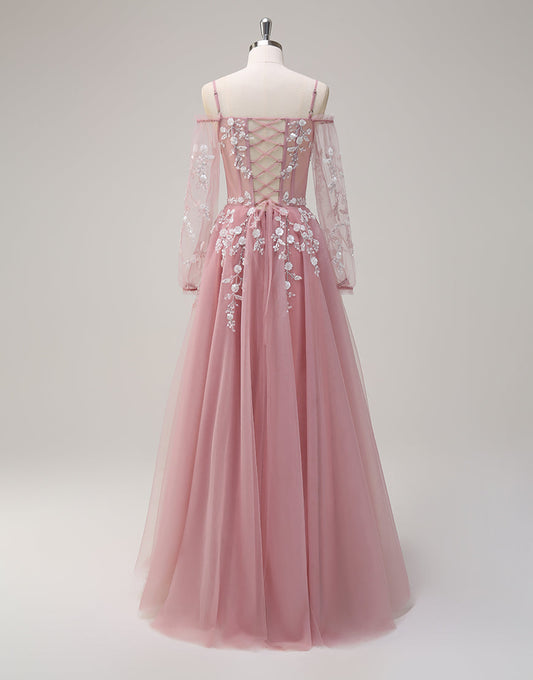 Robe de bal trapèze en tulle à manches longues et spaghetti avec appliques
