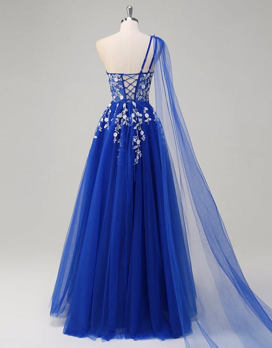 Robe de bal trapèze asymétrique en tulle avec appliques et perles et fente