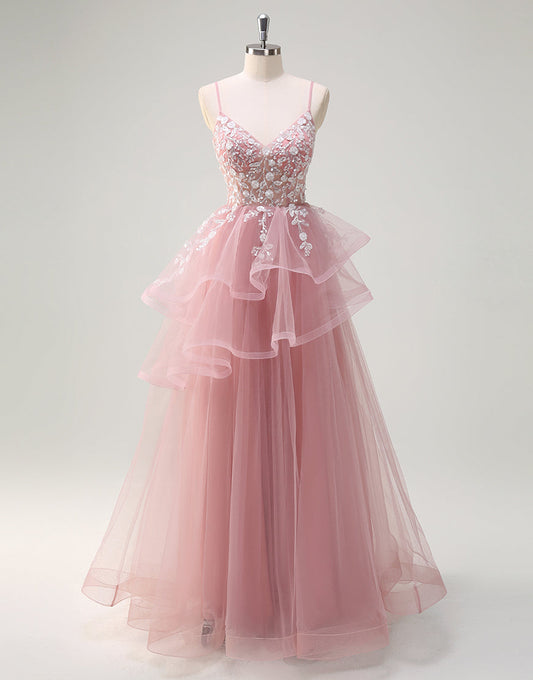 Robe de bal trapèze en tulle à fines bretelles gris-rose