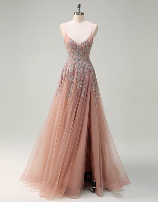 Robe de bal trapèze en tulle blush avec appliques en dentelle spaghetti