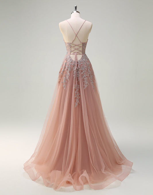 Robe de bal trapèze en tulle blush avec appliques en dentelle spaghetti