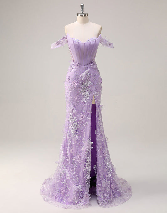 Robe de bal sirène sans bretelles avec fleurs 3D et fente en dentelle