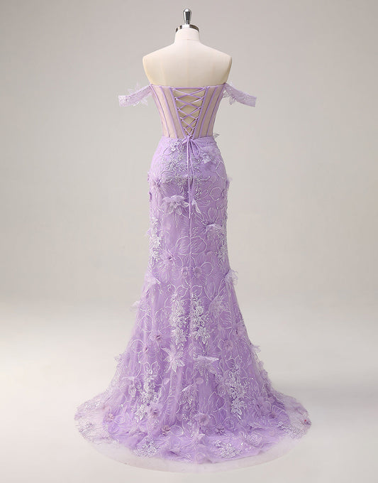 Robe de bal sirène sans bretelles avec fleurs 3D et fente en dentelle