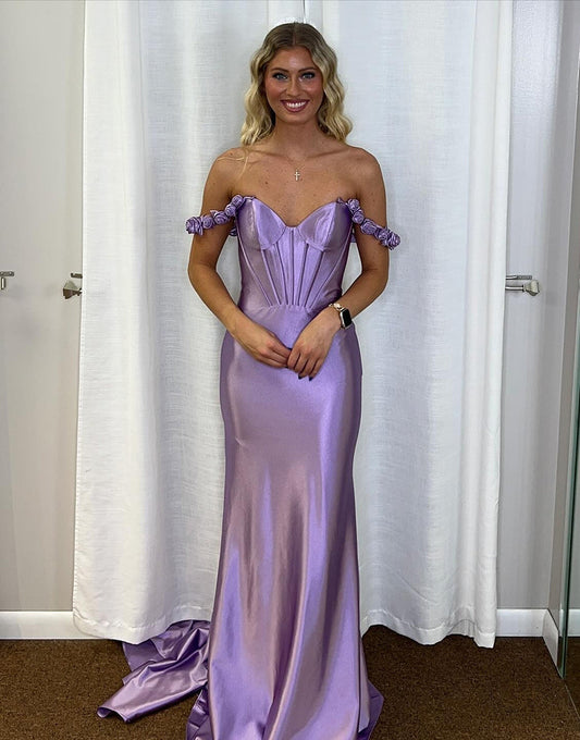 Robe de bal longue sirène en satin à épaules dénudées lilas tendance