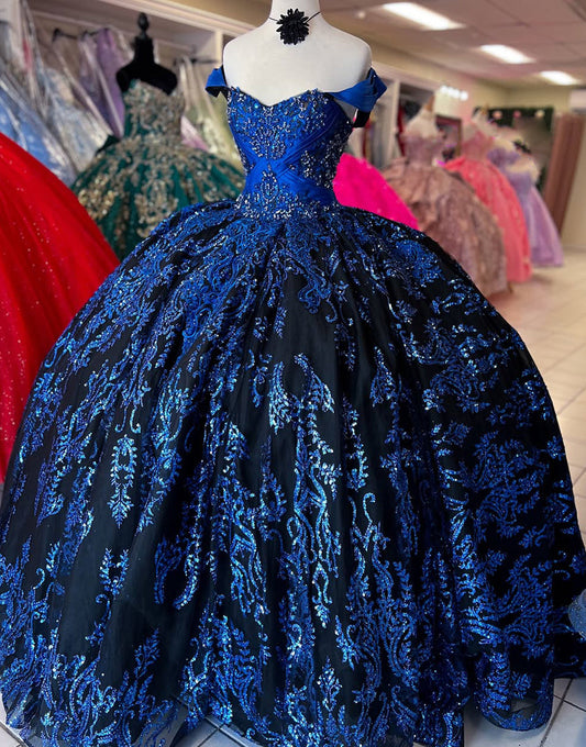 Robe de princesse Quinceanera bleu royal scintillante à épaules dénudées avec paillettes et appliques
